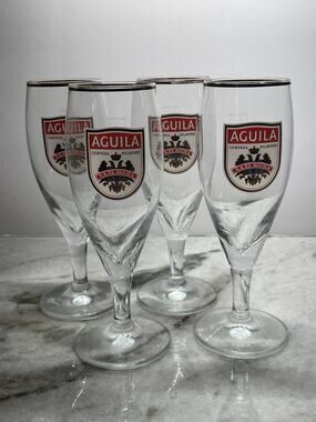 Four Vintage Aguila Footed Glasses Logo Beer Cerveza Pilsner Glass Spain